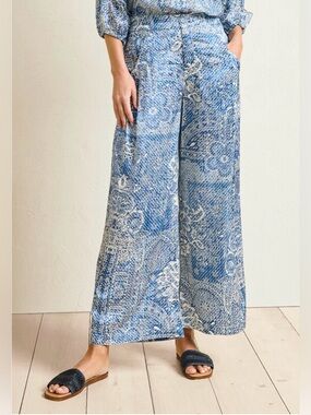 Johnny Was Lauchlen Silk Blend Pants Blue Paisley Wide Leg Button Front NWT Sz L